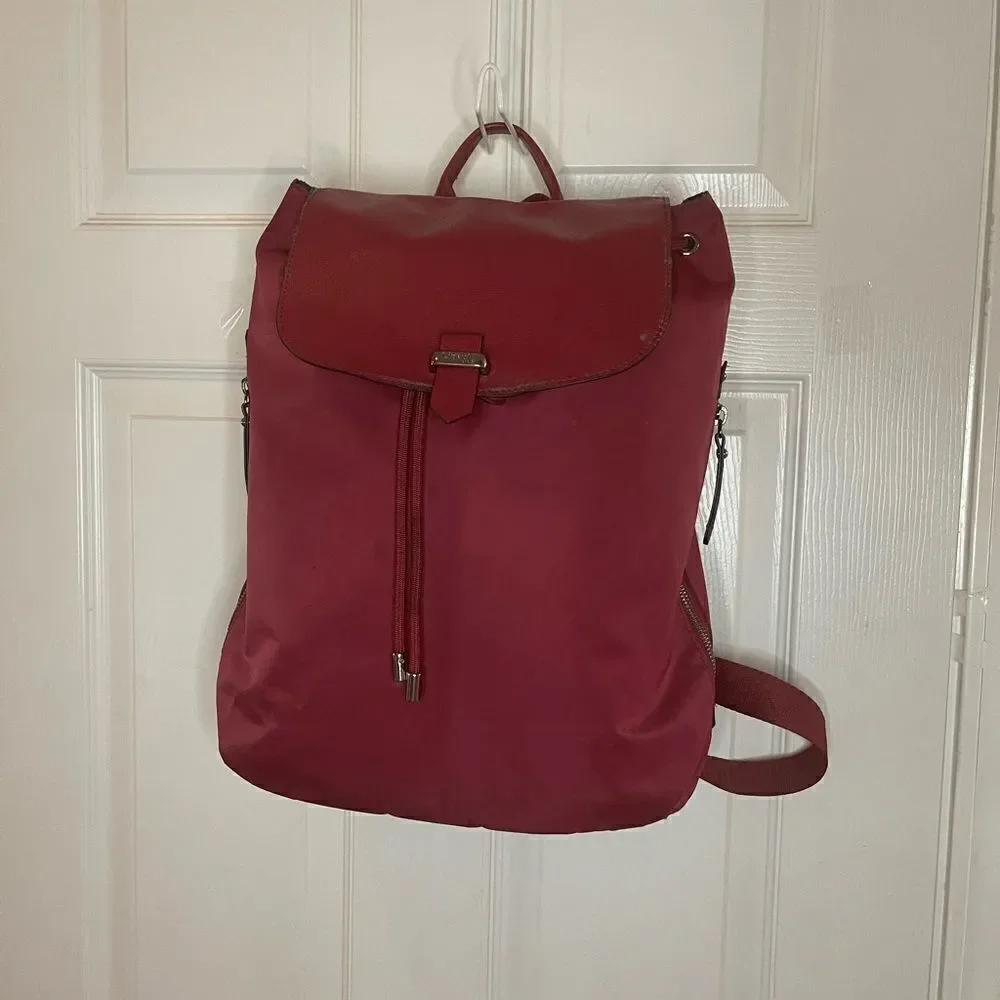 LIPAULT Red Wine NYLON Laptop large Backpack Bag faux leather flop top closure